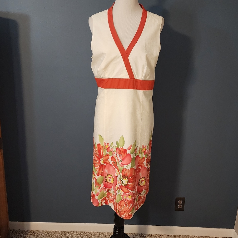 Ann Taylor Faux Wrap Cream Dress Orange Trim & Pink Floral Skirt Size 14